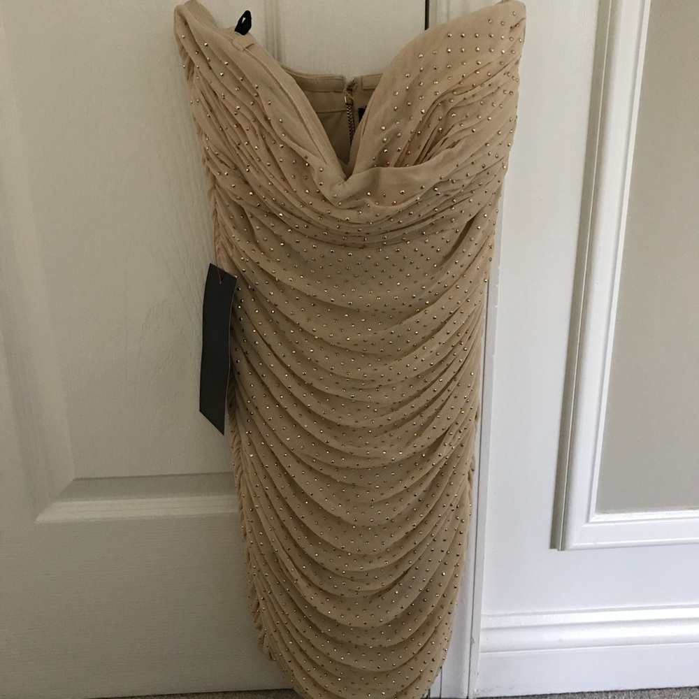 Cream and gold strapless mini dress